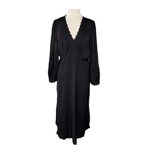 NWT Gap Satin Empire Midi Dress Black Sz Large Goth Long Sleeve Side Slit V-Neck